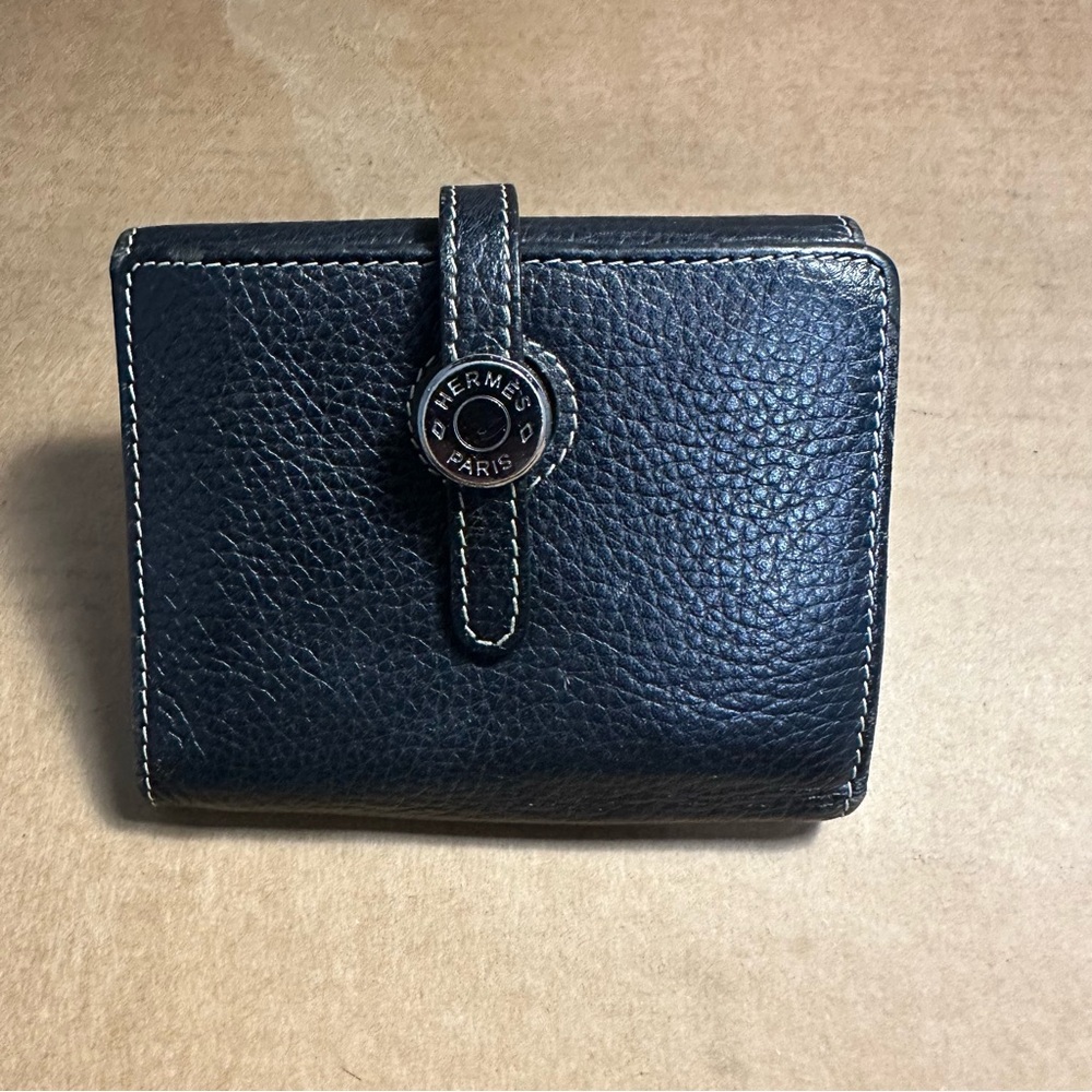 Hermes Togo Calfskin Leather Dogon Compact Wallet Card Trifold Black Palladium